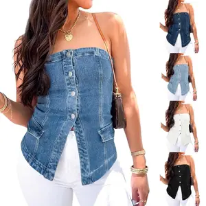 PASLTER Womens Strapless Denim Vest Summer Button Down Jean Tube Tops Y2k Going Out Fitted Bandeau Shirts Waistcoat