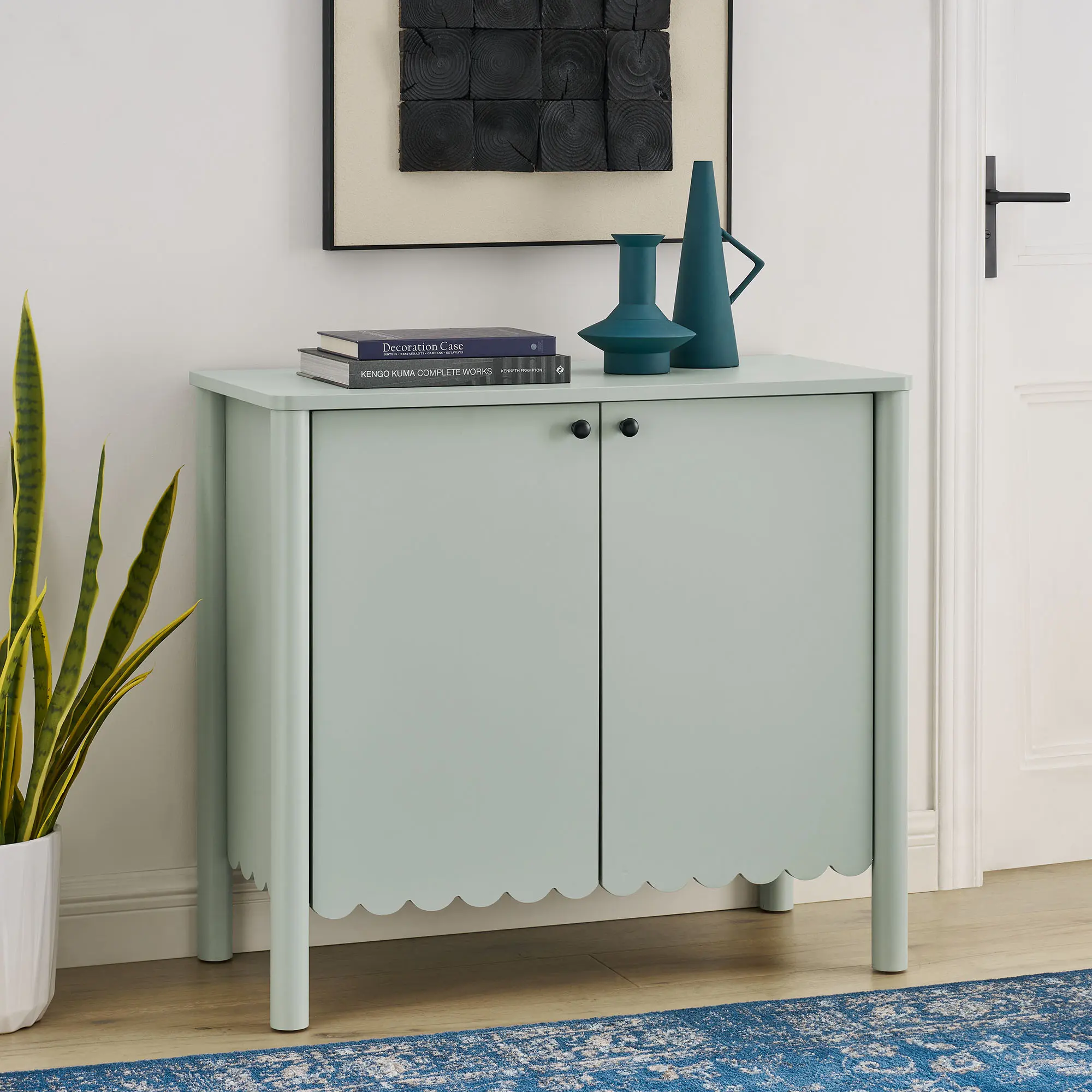 Emmeline 35" 2-Door Scalloped Sage Adjustable Storage Farmhouse Cupboard, Modern Accent Cabinet Enclosure for Dining Room Indoor Furniture, Adjustable Storage Cabinet, Cabinet Enclosure Dining Room Furniture