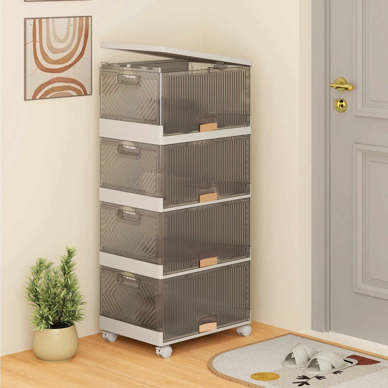 COSTWAY - 3/4/5/6-Cube Stackable Storage Bins with Detachable Wheels-4 Cube COSTWAY - 3/4/5/6-Cube Stackable Storage Bins with Detachable Wheels-4 Cube