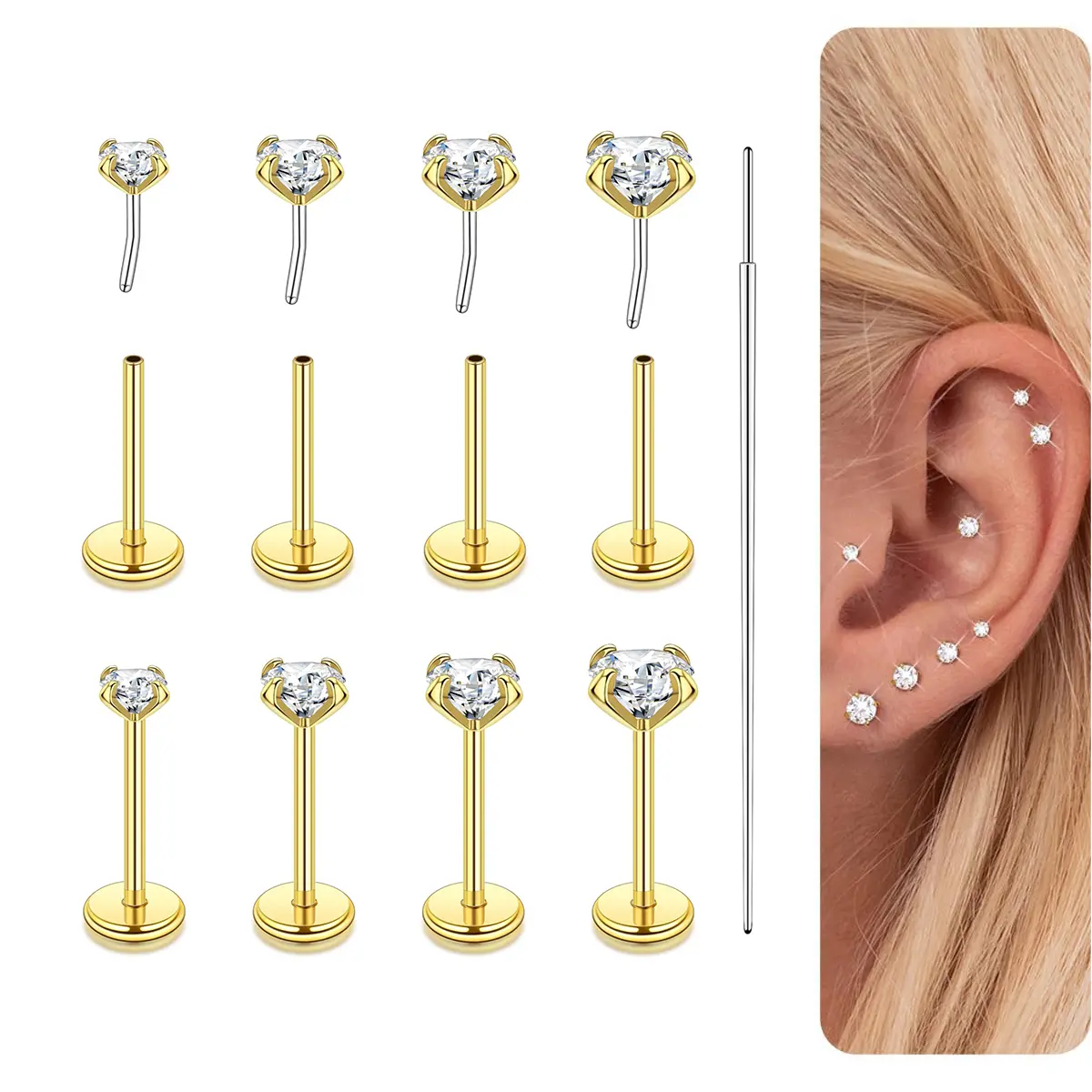 NOVA 8-Piece Threadless Flat Back Nose Stud Set  14K Gold Plated Hypoallergenic Push-In Nostril Piercing Jewelry with Insertion Taper