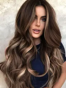 26.5 Inch Long Ombre Blonde Wavy Wigs for Women, Fall Hair Trends 2024, Gorgeous Fluffy Wigs with Baby Bangs, Synthetic Lace Front Wigs for Party, Daily Hairstyle Ideas, Machine Made Wig