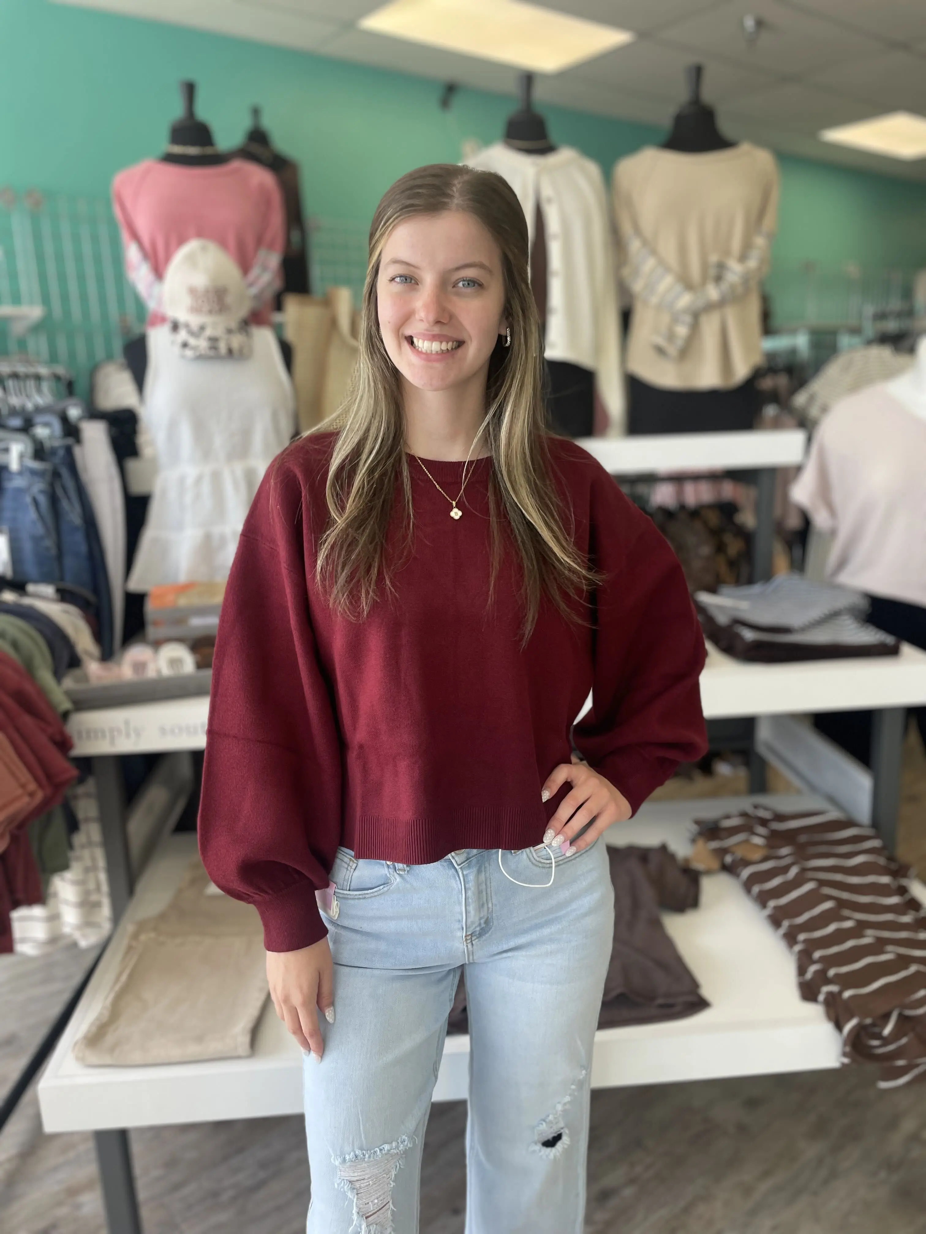 Women's Burgundy Balloon Sleeve Sweater Soft Knit Pullover Fall Top Classic Cozy Casual Boutique Style for Everyday Work Brunch Church Date Night