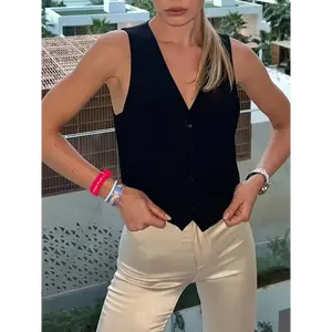 fashion Women'S Elegant V-Neck Sleeveless Waistcoat - Casual Chic Black Vest with Single-Breasted Buttons and Faux Pockets, Adjustable Wristband, Perfect for Attire, Allseason Apparel|Minimalist Style|Decorative Fabric Womenswear Polyester Tops