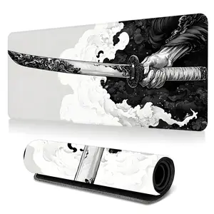 1pc Monochrome Samurai Katana Ink Art Large Gaming Mouse Pad, Gaming Mousepad, Japanese Bushido Aesthetic Extended Desk Mat, Non-Slip Stitched Edge Computer Mat, Rubber Base Laptop Keyboard Pad for Home Office & Gamer, Durable and Spill-Resistant