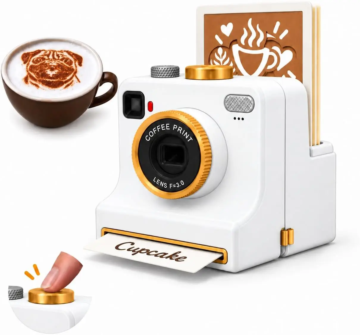 Camera Design 3D Printed Latte Art Stencil, DIY Manual Latte Art Decor Tool with 4 Replaceable Stencils (Random Patterns), Barista Powder Art Template for Cappuccino, Cocoa, Hot Chocolate, Dessert, Home Coffee Station Decor