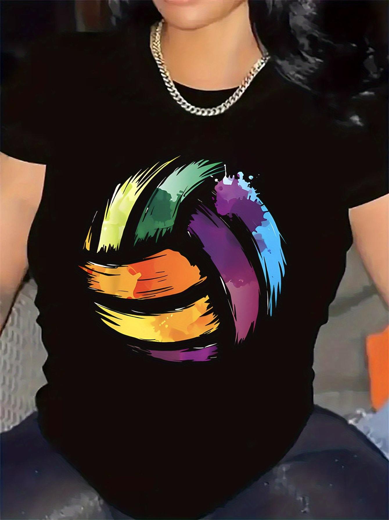 Vibrant Rainbow Volleyball Graphic Women'S Summer Short Sleeve Top - Relaxed Fit Tee for Sports And Casual Wear