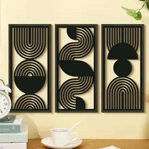 Modern Geometric Wood Wall Decor Set, Rectangular Hollow Design, Living Room Bedroom Art Decoration, DIY Stick-On Home Decor