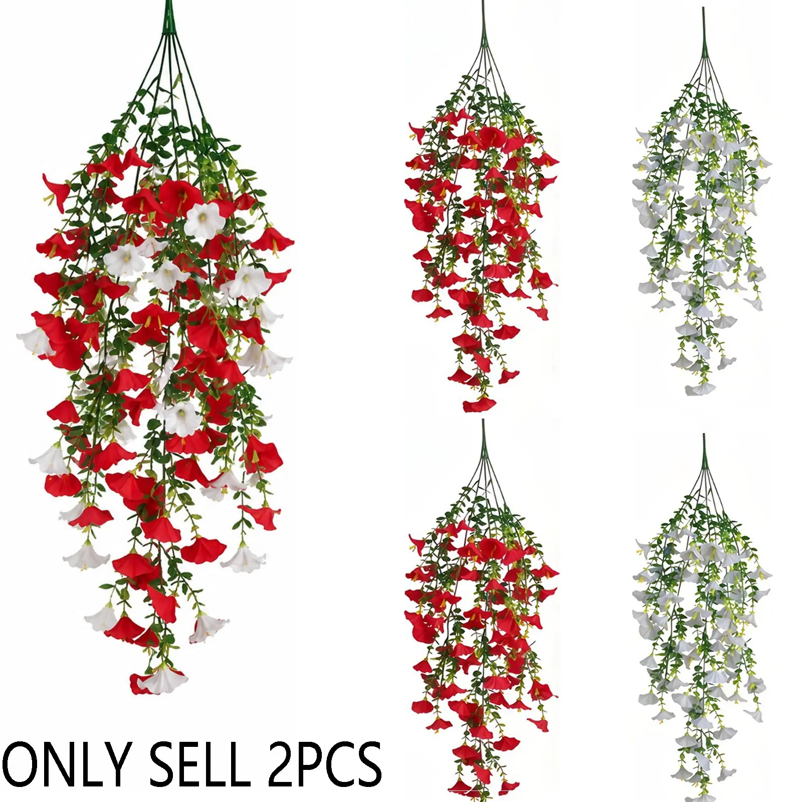 2pcs Extra Long Artificial Outdoor Morning Glory Vines, Artificial Outdoor Plants, Faux Hanging Plant, Red and White Trumpet Flowers, Spring Summer Decorations, Faux Flowers, Decorative Faux Flower, Spring and Summer Vine Decor