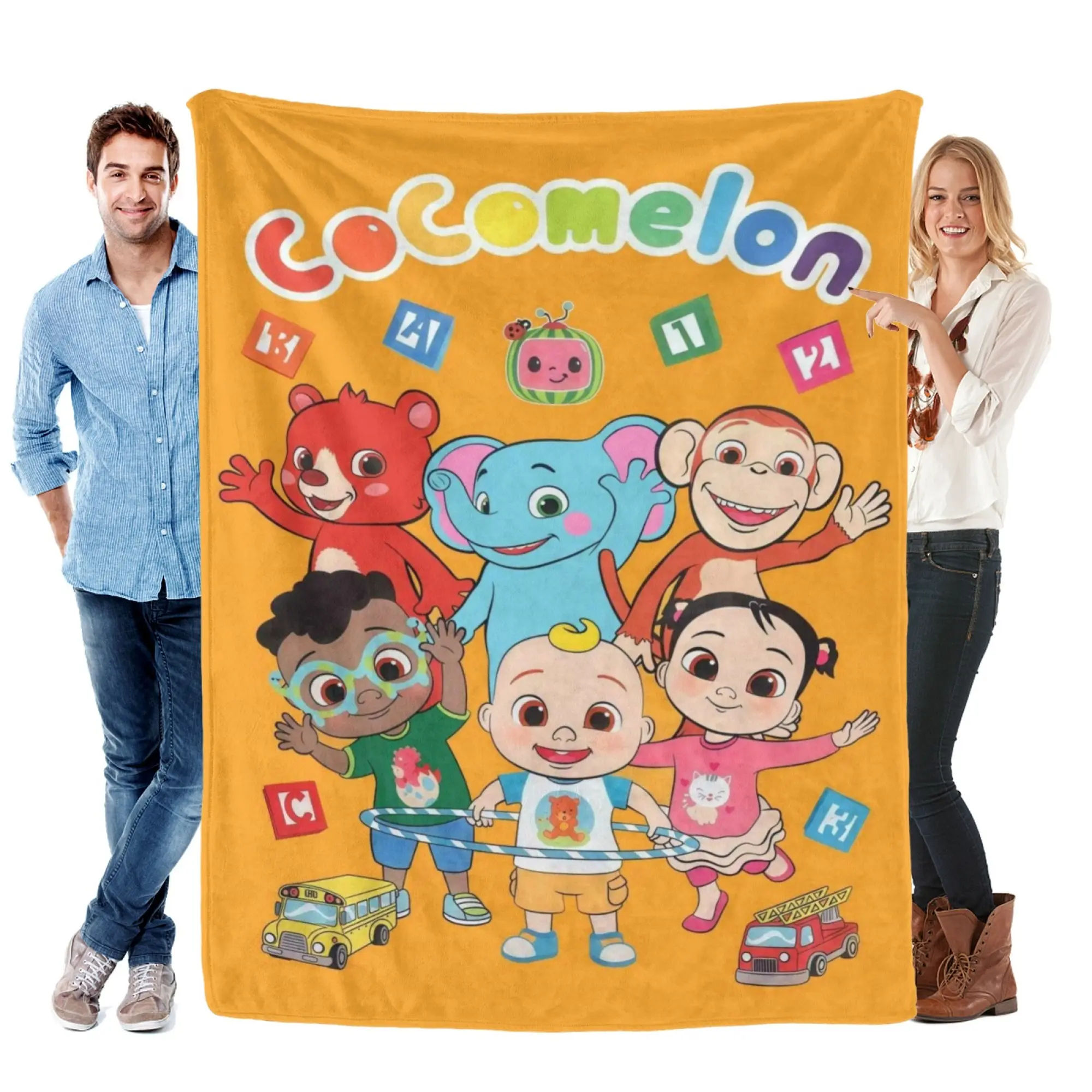Cute CoComelon Cartoon All Over Print Flannel Blanket Orange Background JJ Baby Kids Animals Vehicle Design Anti-Pilling Washable Throw Blanket Perfect For CoComelon Fans Toddlers