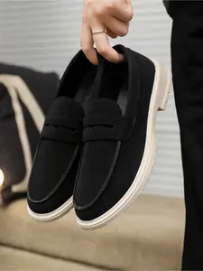 2026 Men's Black Suede Thick-Soled Elevated Slip-On Loafers, Breathable All-Season Versatile Casual Leather Shoes for Men, British Style Commuting Shoes