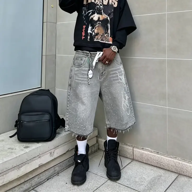 Men's Retro 90s Denim Jeans - Loose Vintage Fit, Sparkling Rhinestone Accents, Distressed Below-Knee Hem, Long Design, Pocket-Equipped, Chic Casual Streetwear for Outdoors & Everyday Use, Pairable with Sneakers
