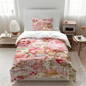 Strawberry Shortcake Collage Print Duvet Cover Set (2/3 Piece, 1 Duvet Cover + 1/2 Pillowcases), Cute Kawaii Pink Aesthetic Bedding, Soft Breathable Bed Set for Girls & Kids Bedroom (Multiple Sizes Available, No Comforter Or Pillow Core)