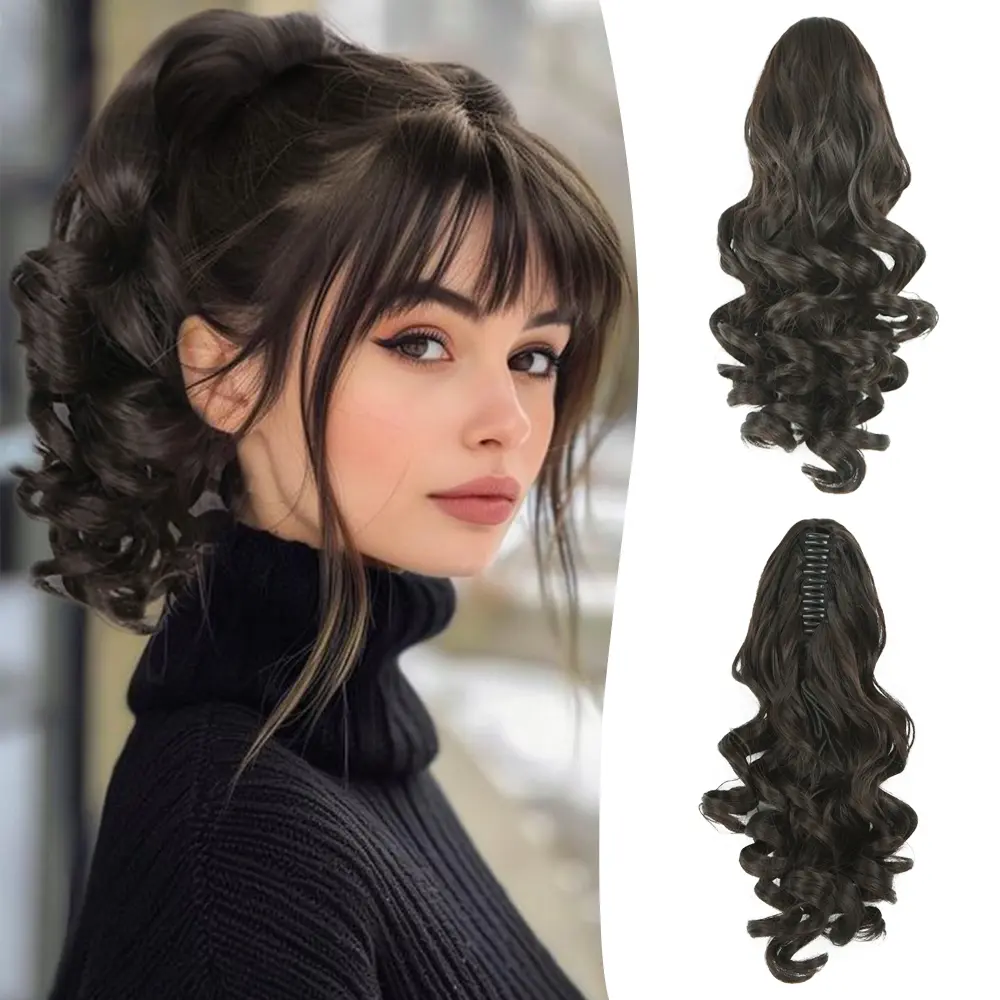 Claw Clip Ponytail Extension - 12 Inch Curly Ponytail Extension, Wavy Pony Tails Hair Extensions, Synthetic Hair Extensions Ponytail, Clip On Ponytails for Women (Color: Dark Brown)