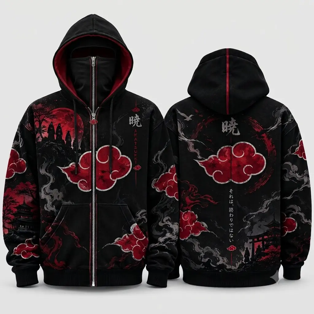 Anime Red Cloud Graphic Full Zip Hoodie, Japanese Ninja Style Balaclava Sweatshirt, Techwear Streetwear Jacket for Men & Women