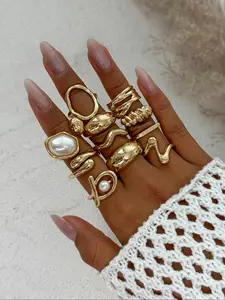 11 Piece Fashion Sweet Cool Style Geometric Baroque Pearl Ring Set, Liquid Metal Matte Finish, Women's Stackable Rings for Parties Vacation Photos Gifts