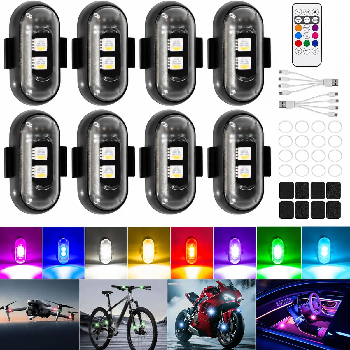 8PCS RGB LED Aircraft Strobe Lights with Remote - Wireless Flashing Warning Signal Lamp for Motorcycle, Bike, Car, Drone & Footwell Ambient Lighting - USB Rechargeable Waterproof Accessories