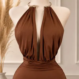 Mocha Ring Halter Plunge Ruched Top