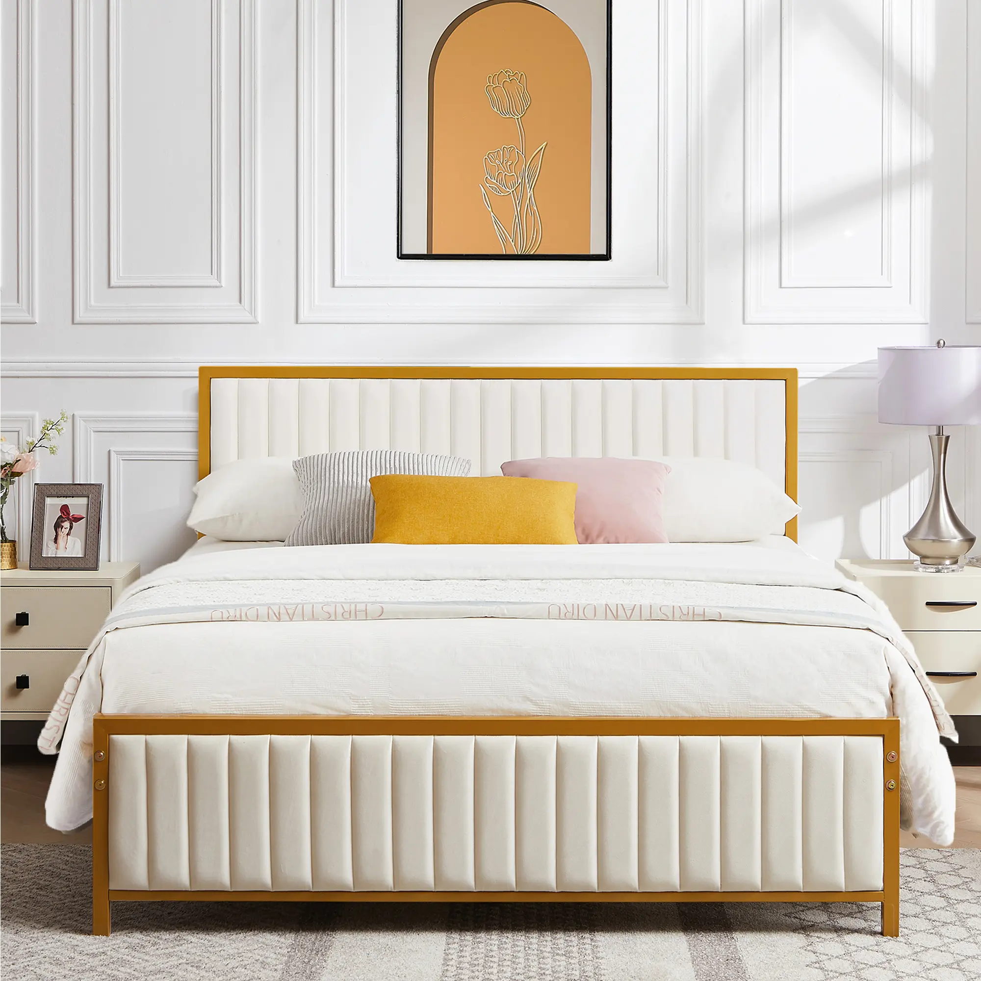 VECELO Queen Bed Frame - Upholstered Platform Bed with Adjustable Vertical Channel Headboard and Footboard, Mattress Base with Sturdy Wood Slats, Optional Box Spring, Beige, Gray