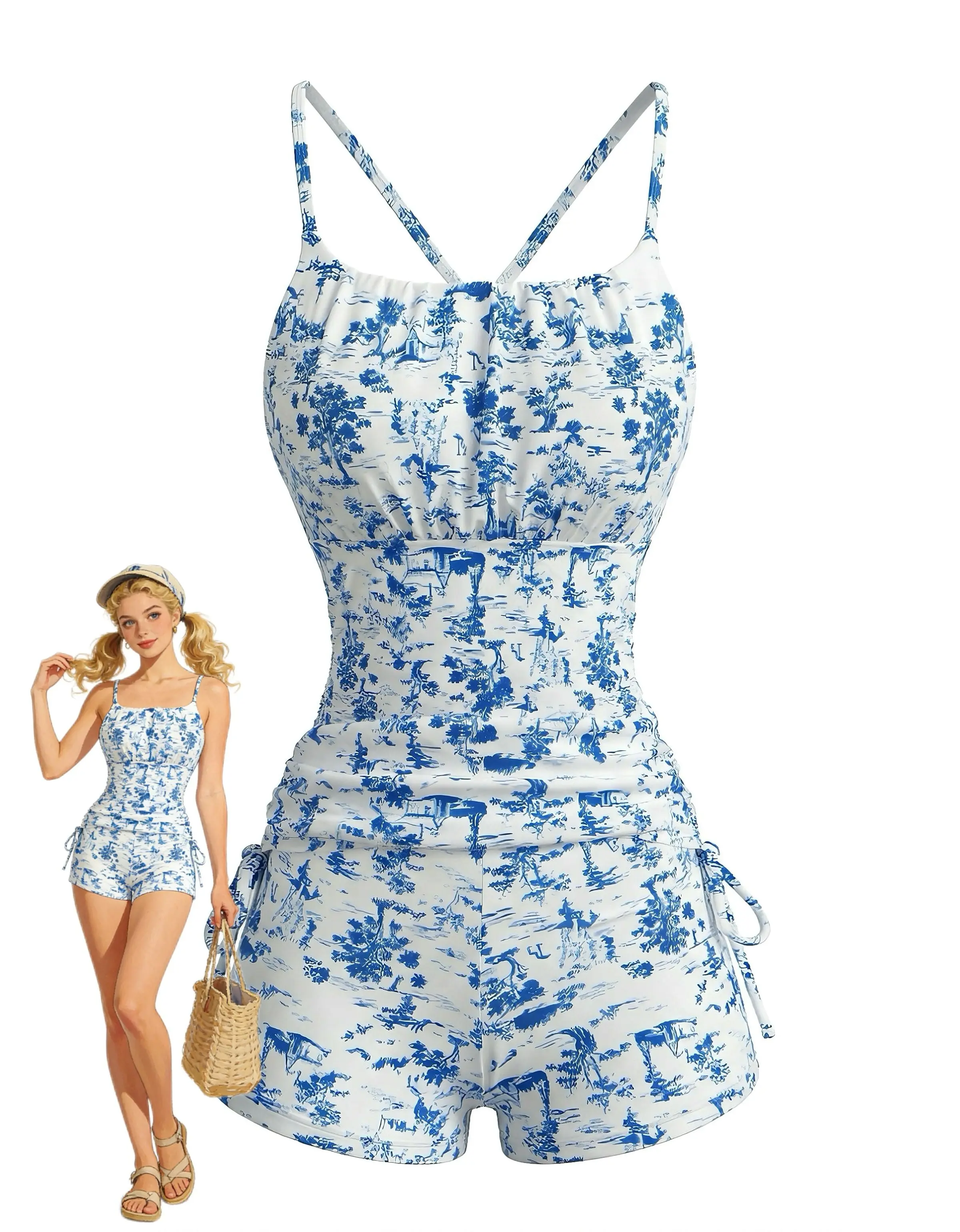 2PCS Blue 1950s Floral Pleated Tankini & High-Waist Shortssummer outfits beach essentials vacation outfits