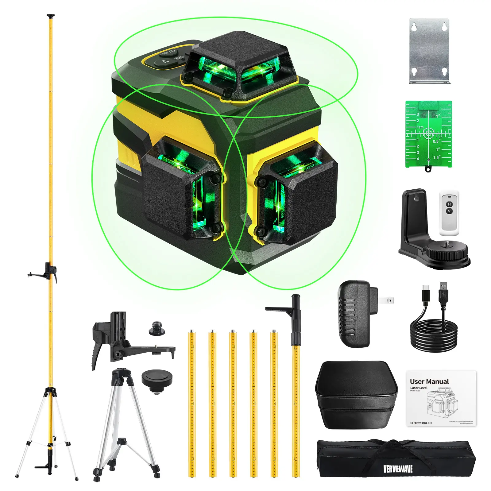VERVEWAVE 12-Line Green Laser Level 3x360° Self-Leveling, 3D Cross Line Tool with 5200mAh Battery (8H Long Runtime), Smart Remote Control, Cool Construction Gifts for Dad Men Husband