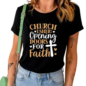 Stylish Black Faith T-Shirt Highlighting Church Usher Doors Text with Orange and White Details