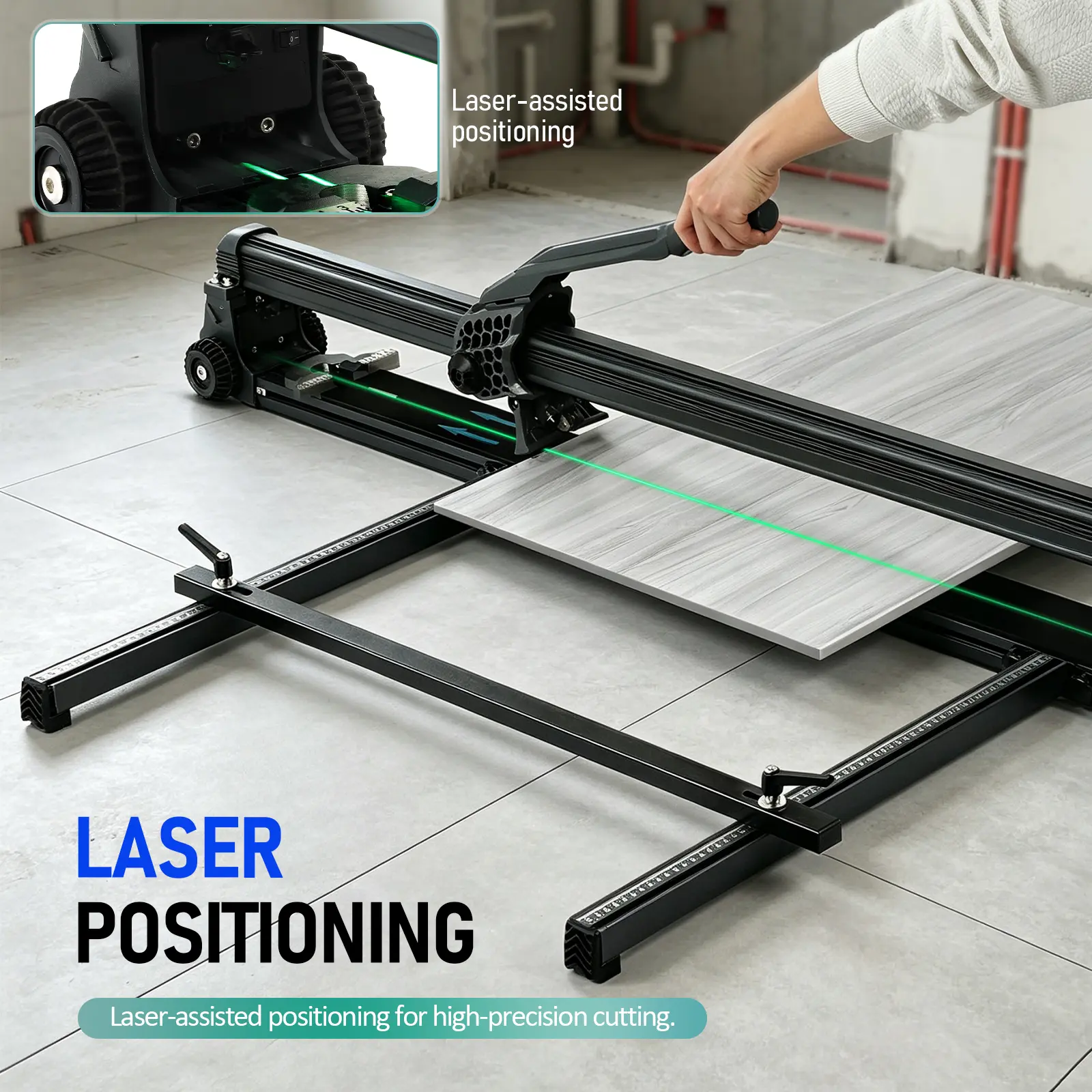 Professional 48-inch laser-assisted electric tile cutter, suitable for ceramic and porcelain tiles 10–20 mm thick. Supports straight and angled cuts, ideal for renovation professionals, floor installers, and construction projects.