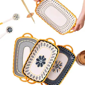 4 pieces of 12 inch ceramic fish dishes, salad plates, Nordic style, available in four patterns, blue color, mixed set, tableware set, Bohemian style, suitable for Easter parties, can be heated in the microwave, dishwasher washable