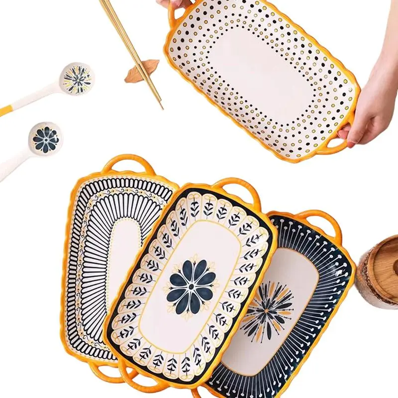 4 pieces of 12 inch ceramic fish dishes, salad plates, Nordic style, available in four patterns, blue color, mixed set, tableware set, Bohemian style, suitable for Easter parties, can be heated in the microwave, dishwasher washable