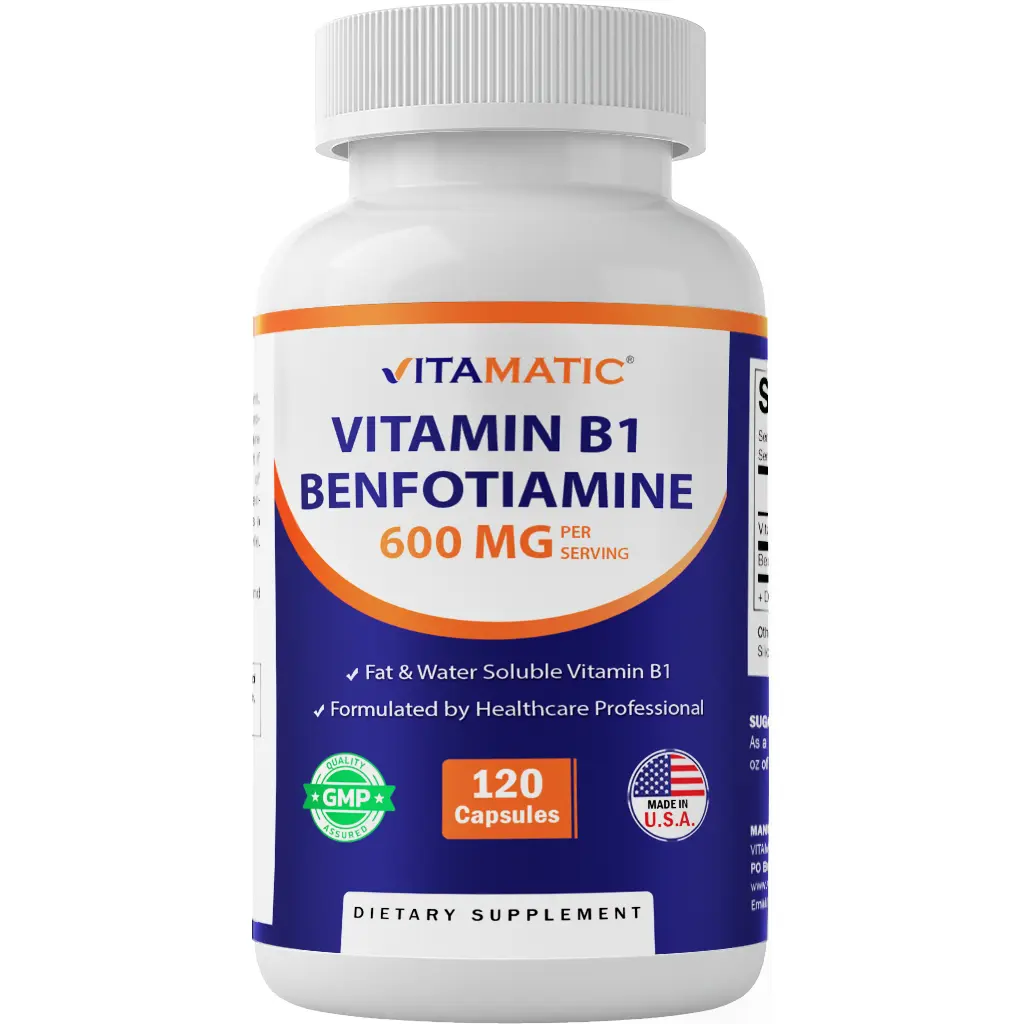 Vitamatic Benfotiamine & Vitamin B1 Nutritional and Health Supplement - 600mg Benfotiamine, 300mg Vitamin B1, 120 Vegetable Capsules, Gluten-Free, Non-GMO, Made in USA, Healthcare-Formulated, Brain Health Support, Nutritional And Health Supplements, Healt