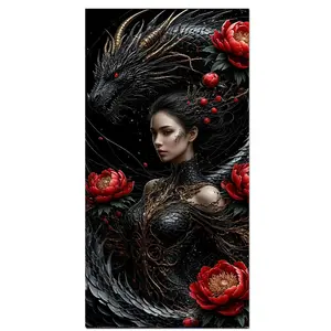 Dragon and Rose Woman Large Size DIY 5D Diamond Painting Kit, Full Drill Diamond Dots Gem Canvas for Adults, Home Wall Decor
