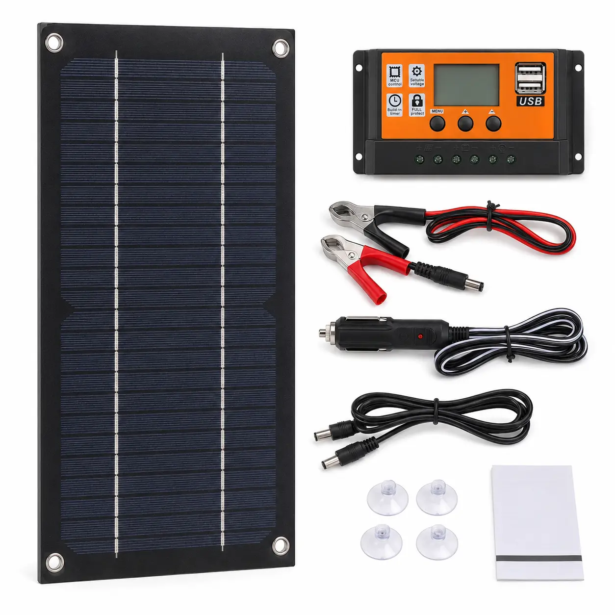 Portable single-crystal silicon solar battery charging kit, includes a 100A charging controller, a 12V car cigarette lighter plug, battery clamps, an extension cable, and 4 suction cups, suitable for cars, RVs, boats, motorcycles, and outdoor camping.
