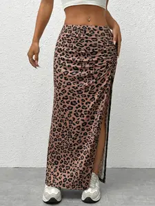 Stretchy Leopard Print High Waist Ruched Side Split Maxi Skirt, Y2K Bodycon Long Skirt for Women, Casual Summer Streetwear Going Out Outfit, Trendy 2026 Fashion Aesthetic Maxi Skirts for Party Club Daily Wear Vacation Beach Date Night