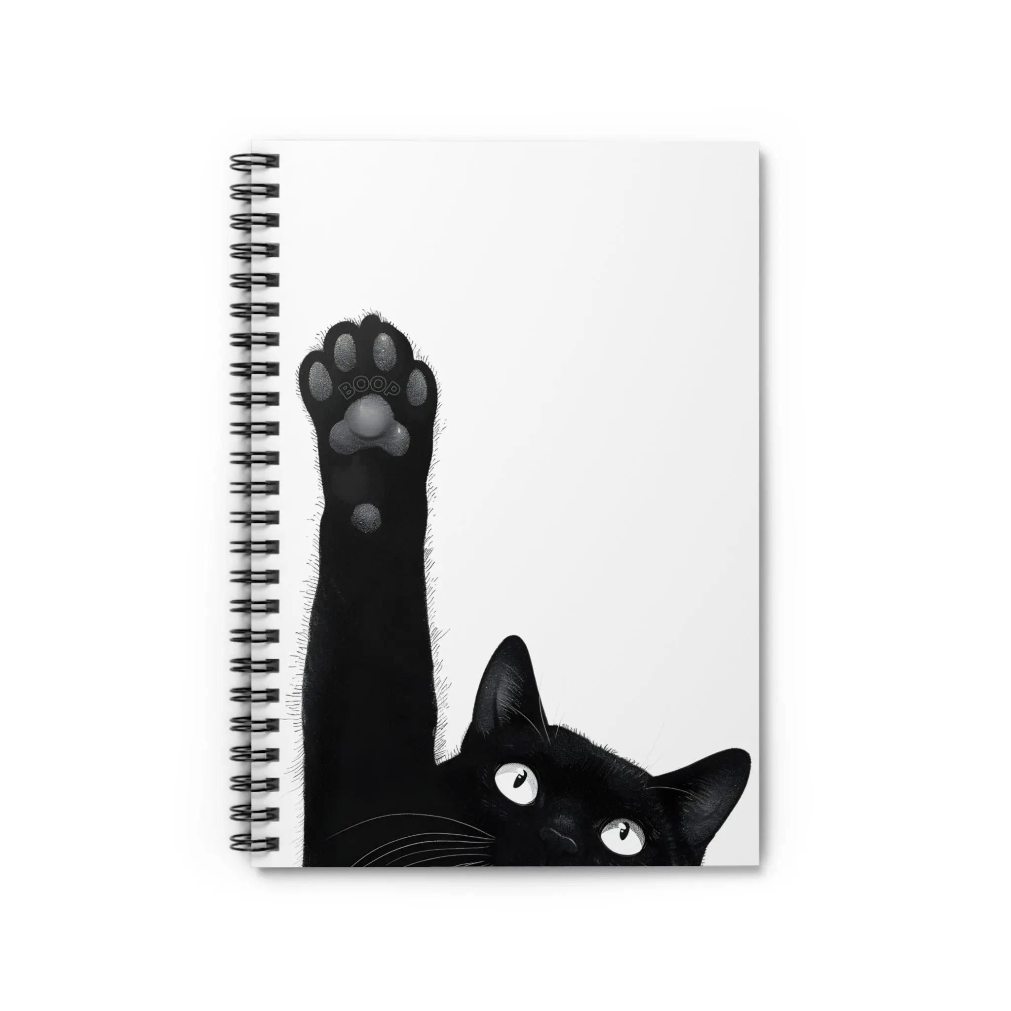 Quirky Black Cat Spiral Notebook with Pocket, "Boop" Toe Beans Ruled Journal 6x8, Funny Cat Mom Gift, Cute Black Cat Stationery