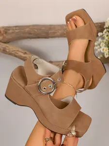 Women's Vintage Wedge Sandals, Thick Sole Rubber Fish Mouth Roman Shoes, PU Leather Round Toe, Casual Spring & Fall Footwear