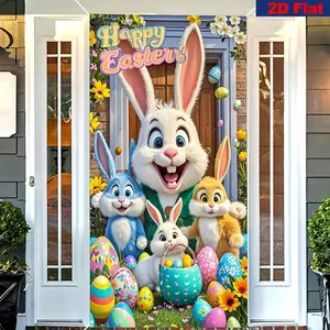 Easter Door Frame Banner, Colorful Cartoon Rabbits Design, Decorative Eggs & Flowers, Happy Easter Message, Polyester Material
