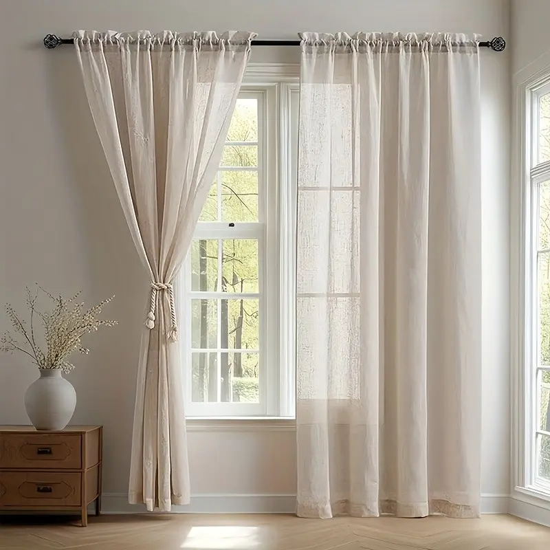 Japanese Style Linen-Feel Semi-Transparent Curtains, Lightweight Curtains, Window Drapes, Breathable & Dustproof Design, Ideal for Living Room Kitchen Dining Bedroom Outdoor Decor