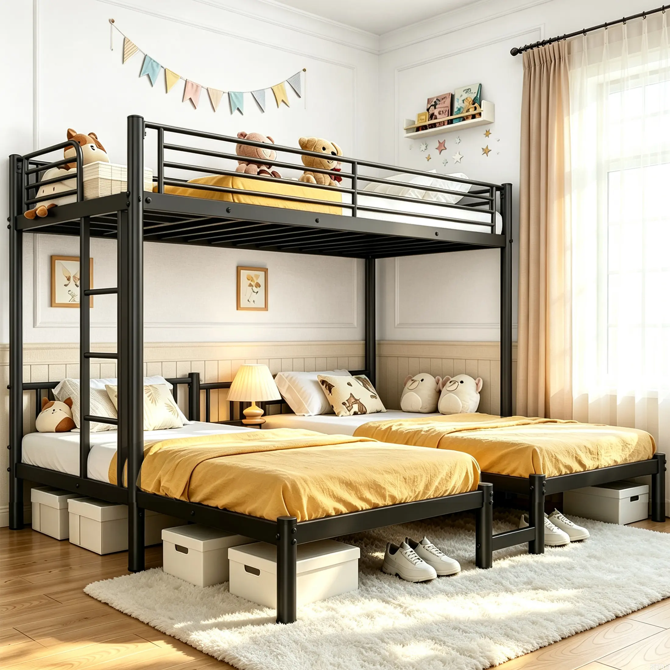 Triple Bunk Bed Twin over Twin over Twin XL with Storage Shelves & Guardrails, Heavy Duty Metal Bunk Bed Frame with Ladder, Space Saving Bedroom Furniture for Kids Teens Dor