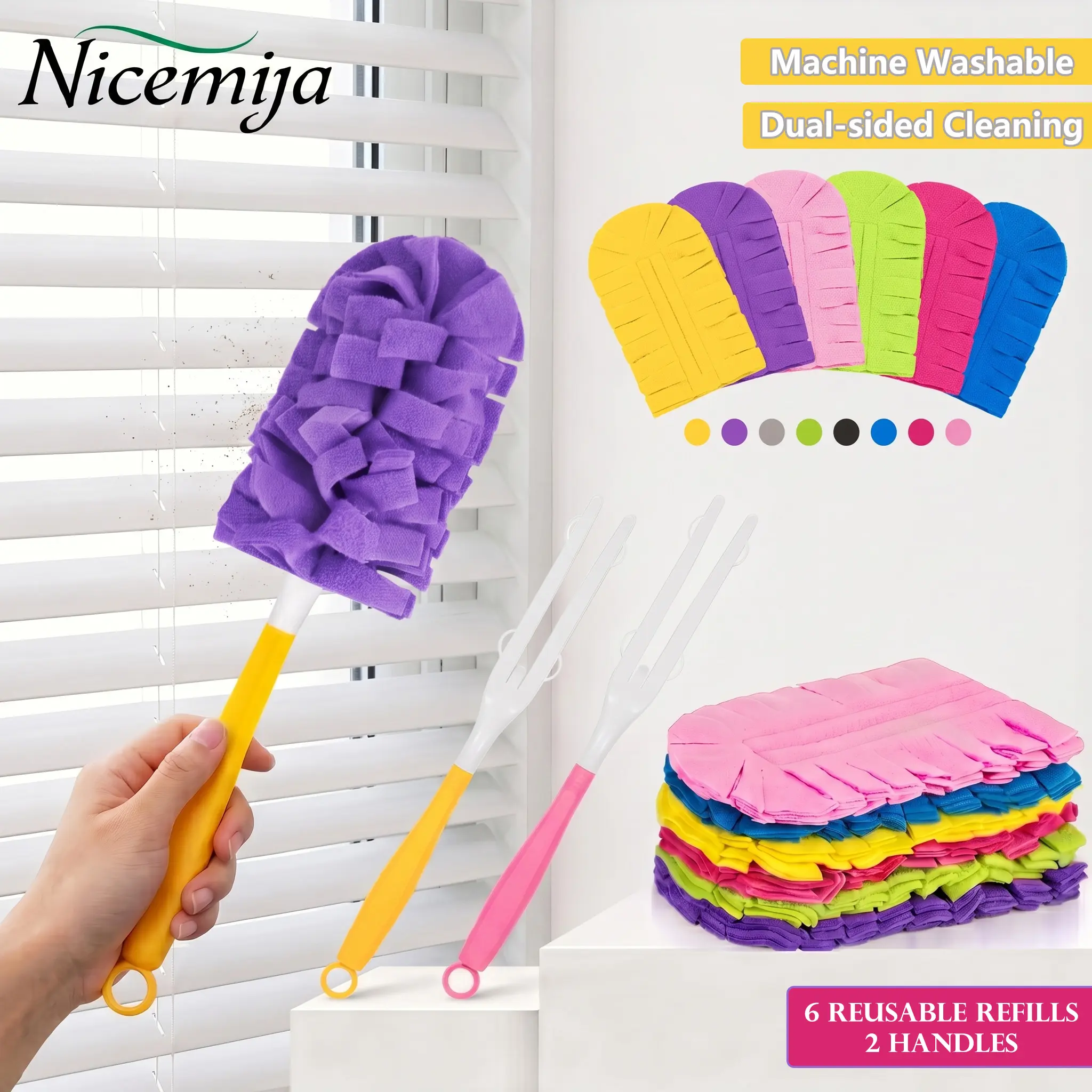 Nicemiya Reusable Duster Refills Set for Swiffer Colorful Dust Remover 4X Microfibers 360° Electrostatic Dusters Machine Washable Cloth Home Cleaning Daily Essentials Includes 2 Handles 6 Duster Refills