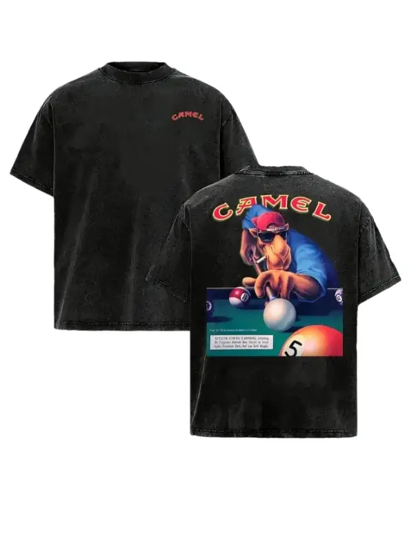 Men's Vintage Washed Graphic T-Shirt, Retro Billiards Back Print, Oversized 100% Cotton Casual Shortsleeve Streetwear