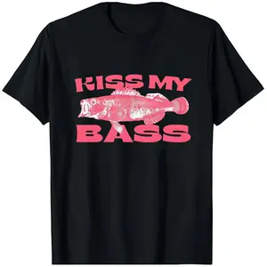 “Kiss My Bass” Vintage Style Fishing Graphic T-Shirt, Unisex Cotton Short Sleeve Tee, Casual Outdoors & Angler Shirt, Retro Fisherman Humor Top, Gift Idea for Fishing Lovers