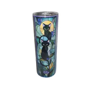 Stained Glass Black Cat 20oz Shimmer Skinny Tumbler With Reuseable Straw