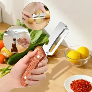 2-Pack Veggie Peeler with Wooden Handle - Ultra-Sharp Stainless Steel Blade, Built-in Bottle Opener, Ergonomic Kitchen Supplies for Peeling Potatoes, Apples, Carrots, Vegetable Fruit Utensils