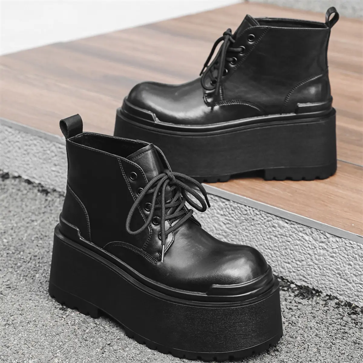Men's Extreme Platform Height-Increasing Lace-Up Round Toe Ankle Boots, Chunky Sole Casual Niche Fashion Walking Shoes for Daily Wear, Black Closed Footwear