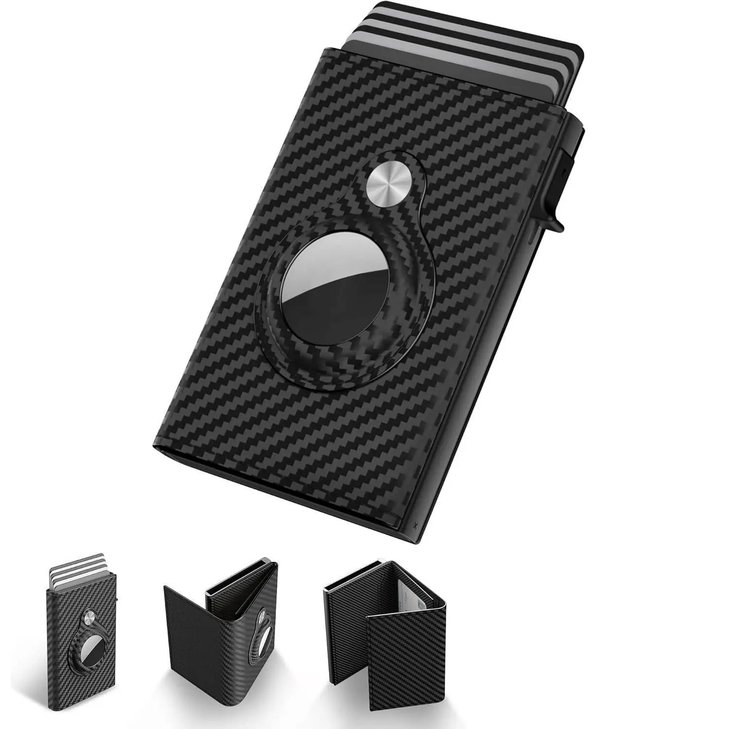Mens Smart Wallet Card Holder for AirTag: Leather, Compatible with Apple Air Tag, RFID Blocking, Slim, Carbon Fiber, Minimalist - 9-14 Card Capacity | ID Window (Black)`