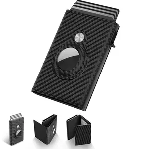 Mens Smart Wallet Card Holder for AirTag: Leather, Compatible with Apple Air Tag, RFID Blocking, Slim, Carbon Fiber, Minimalist - 9-14 Card Capacity | ID Window (Black)`