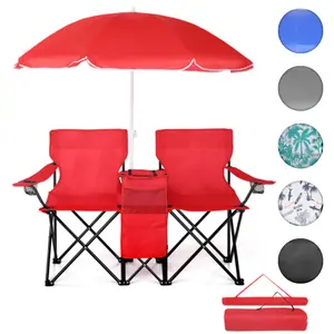 Double Camping Chair, Outdoor 2 Person Camping Seat & Back with Umbrella,Portable 2-Seat Folding Camp Chair with Cooler, Umbrella & Cup Holders – Outdoor Picnic, Beach, or Tailgate Seating – Carry Case Included