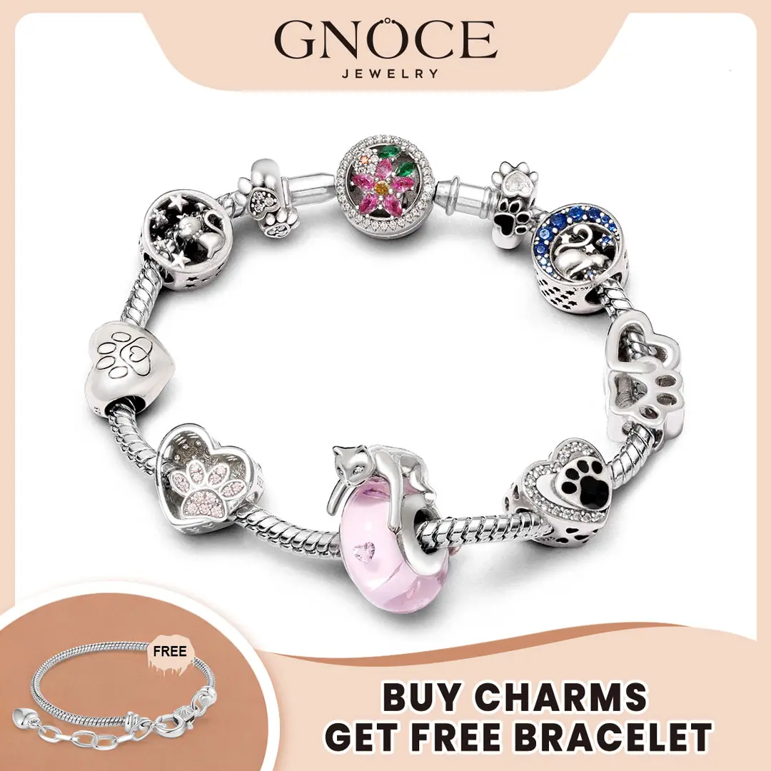 GNOCE S925 Bracelet Charm Bead - Sparkling Zirconia & Enamel, Cat or Dog Paw Design, White Gold Plated, Fits Snake Bracelets & Necklaces, Pink Pet Charm for Women