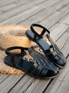 Women's Roman Style Round Toe Flat Sandals, Classic Sandals, Pu Leather Slides, Elegant Fashion Vacation Casual Shoes, Beach Walk Outing Footwear, Casual Summer Footwear