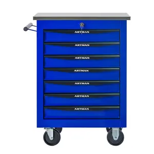 7 Drawers Multifunctional Tool Cart with Wheels,Metal Rolling Tool Cart Storage for Garage Workshop Warehouse Repair Shop--With Stainless Steel Roof- BLACK&BLUE
