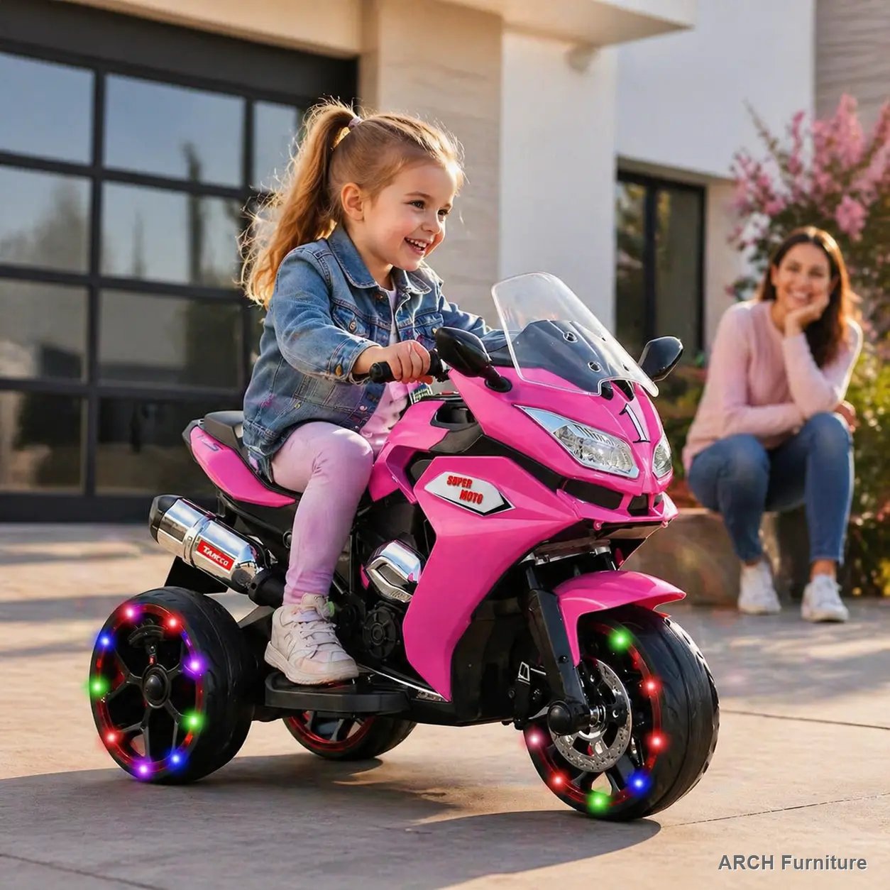 ARCH 12V Kids Electric motorcycle/ ride on motorcycle,Girls Motorcycle, Children Battery Motor Bikes Rechargeable 3 Wheels Ride on Kids Electric Motorcycle with Light Wheels /electric ride on car